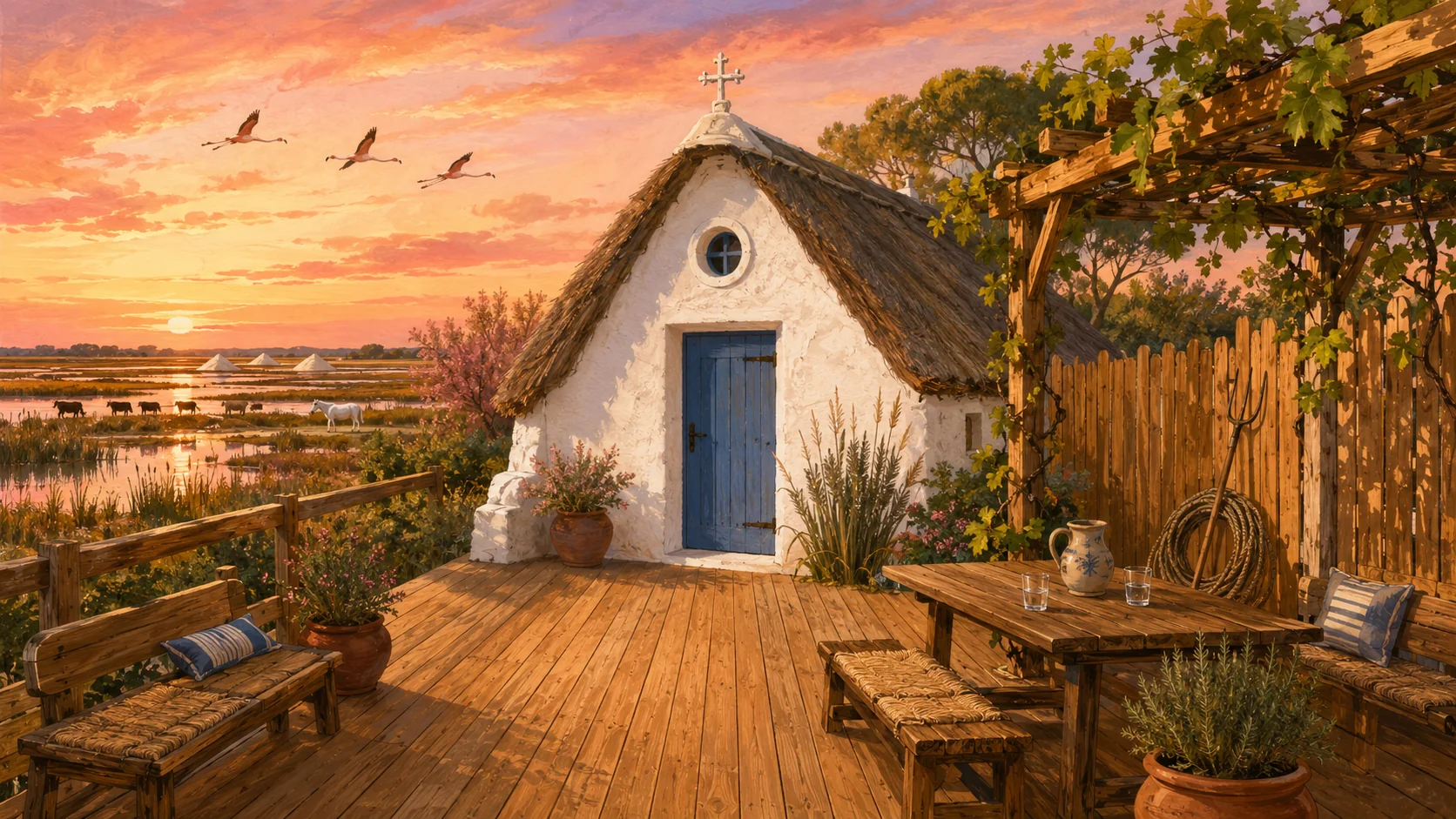 Illustration paysagère du dépôt avec terrasse en bois et clôture